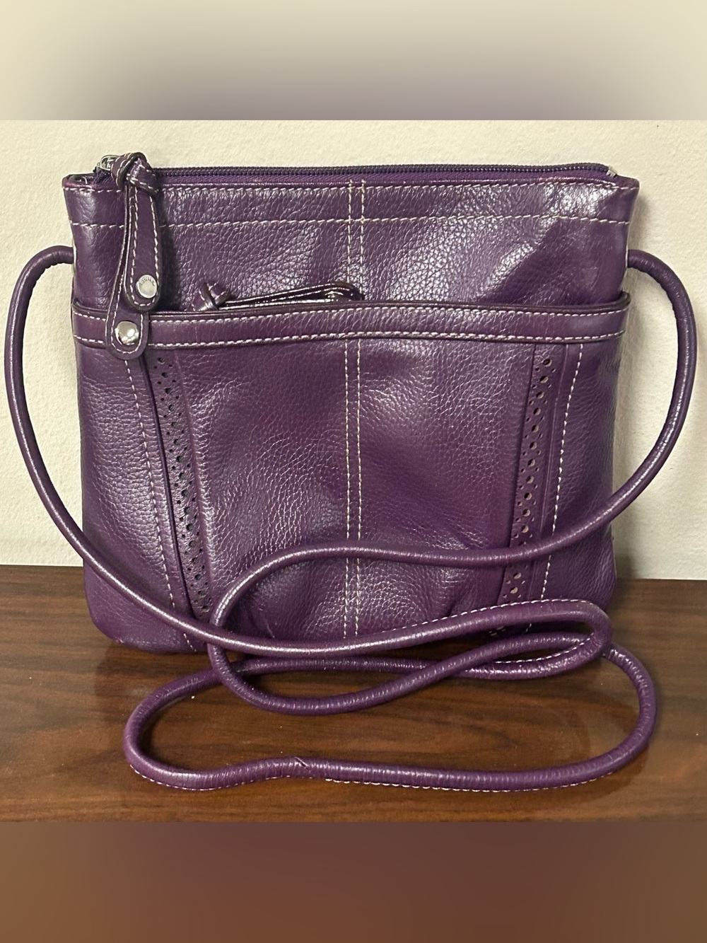 Tignanello Plum Purple Pebbled Leather Multi-Pocket Crossbody Bag